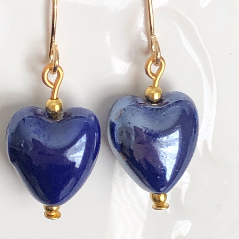 New Ceramic Dangling Hand Crafted Earrings Navy Deep Royal Blue Reflecting Shine